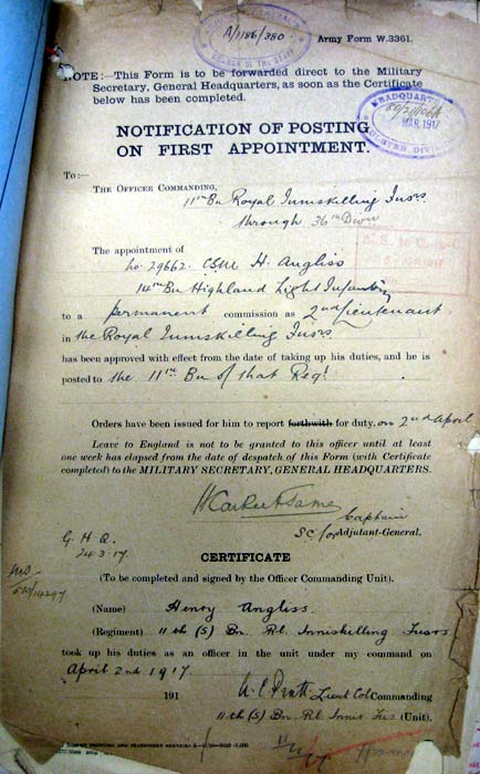henry Angliss, service record 1